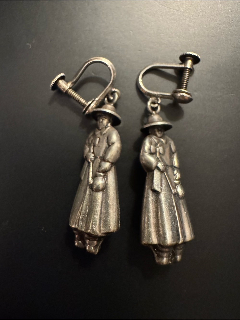 Vintage Sterling Silver Figural Lady Screwback Earrings - 3D